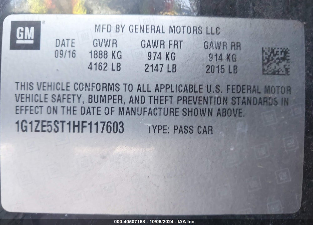 2017 CHEVROLET MALIBU 1LT VIN: 1G1ZE5ST1HF117603