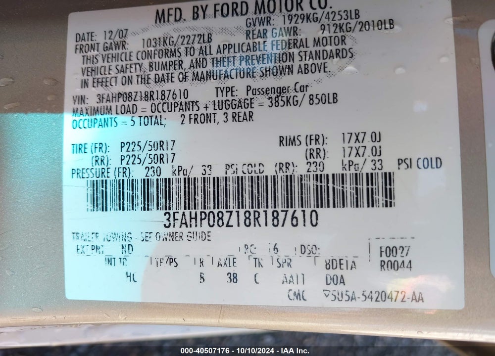 2008 FORD FUSION SEL VIN: 3FAHP08Z18R187610