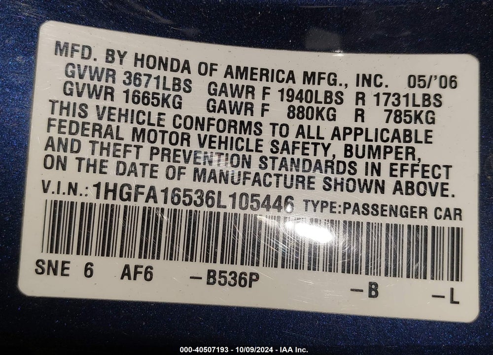 2006 HONDA CIVIC LX VIN: 1HGFA16536L105446