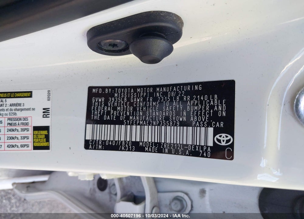 2022 TOYOTA COROLLA LE VIN: 5YFEPMAE2NP355879