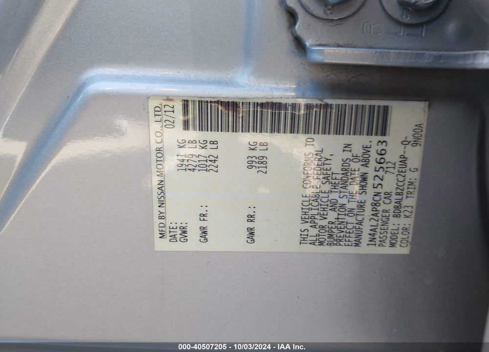 2012 NISSAN ALTIMA 2.5 S VIN: 1N4AL2AP8CN525663