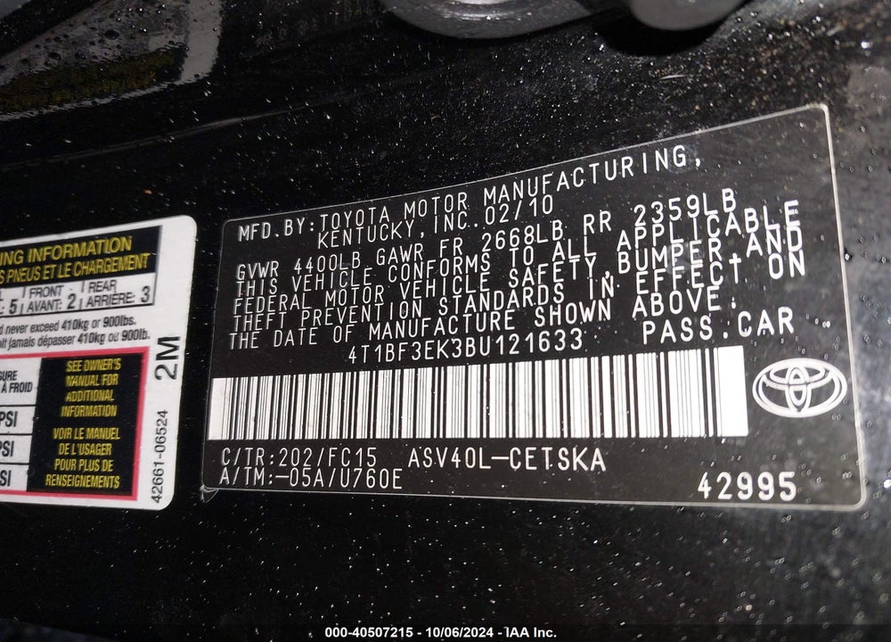 2011 TOYOTA CAMRY SE VIN: 4T1BF3EK3BU121633