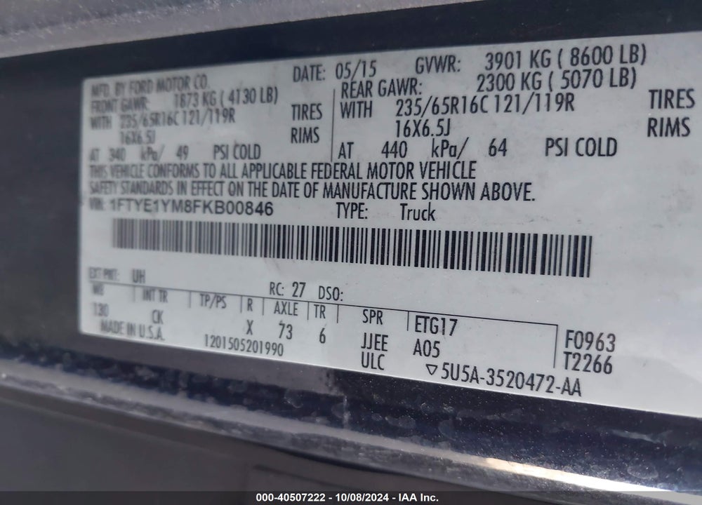 2015 FORD TRANSIT-150 VIN: 1FTYE1YM8FKB00846
