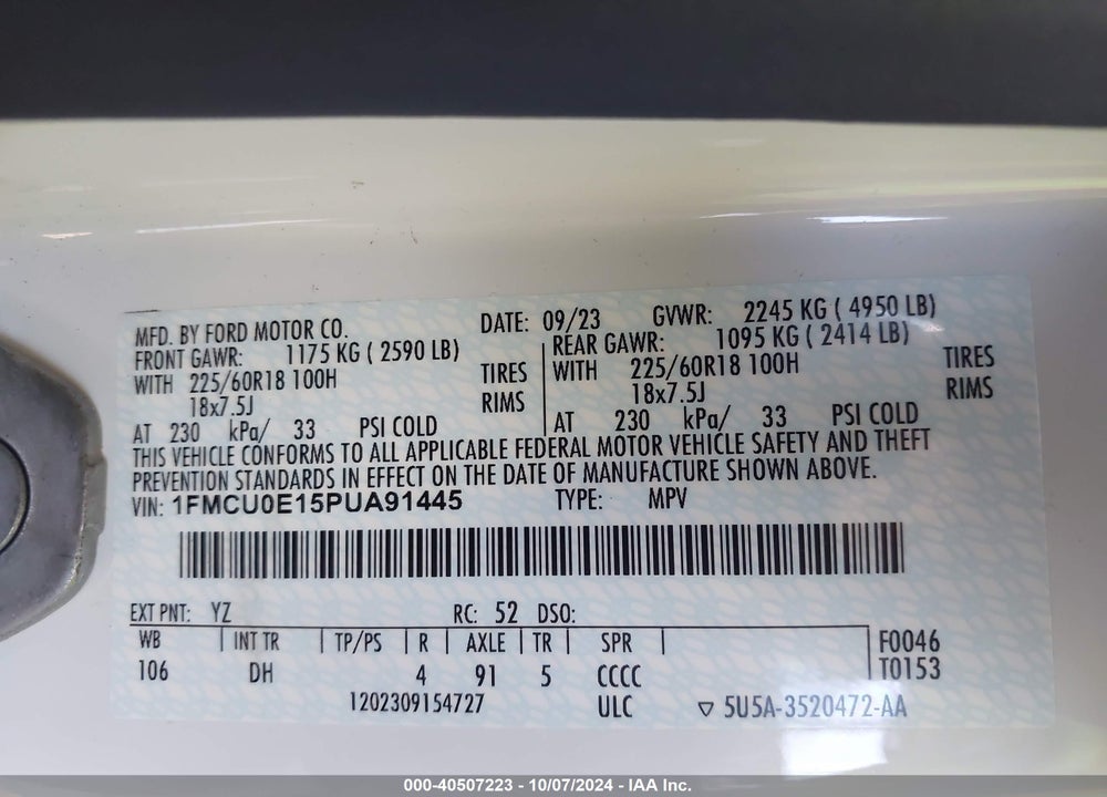 2023 FORD ESCAPE PHEV VIN: 1FMCU0E15PUA91445