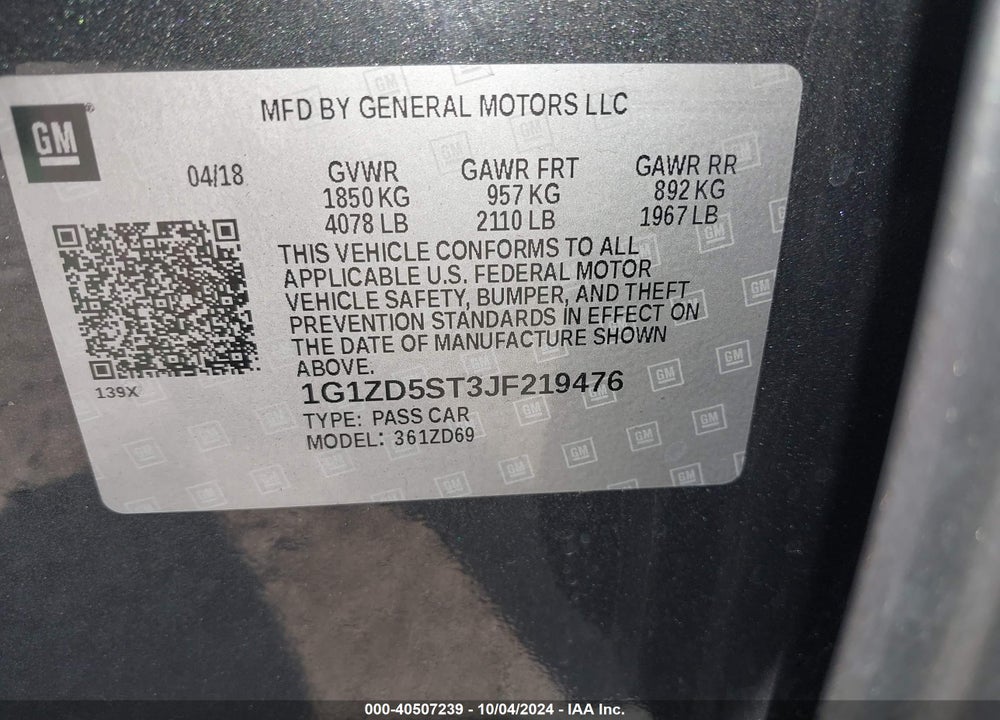 2018 CHEVROLET MALIBU LT VIN: 1G1ZD5ST3JF219476
