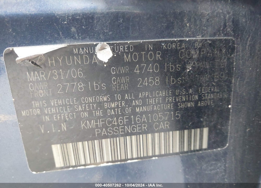 2006 HYUNDAI AZERA LIMITED/SE VIN: KMHFC46F16A105715