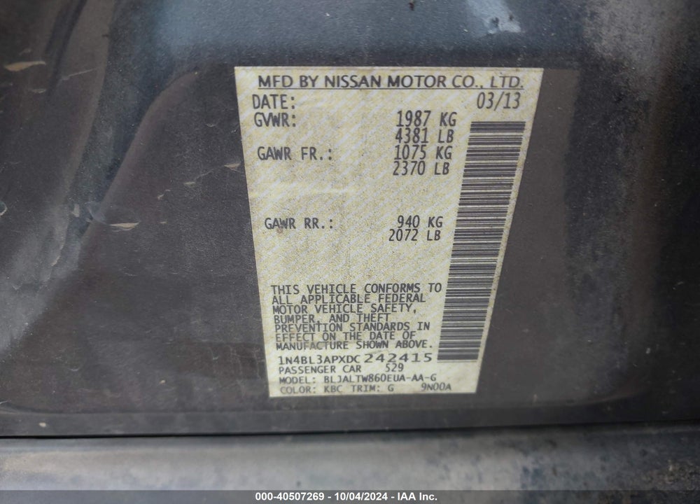 2013 NISSAN ALTIMA 3.5 SV VIN: 1N4BL3APXDC242415