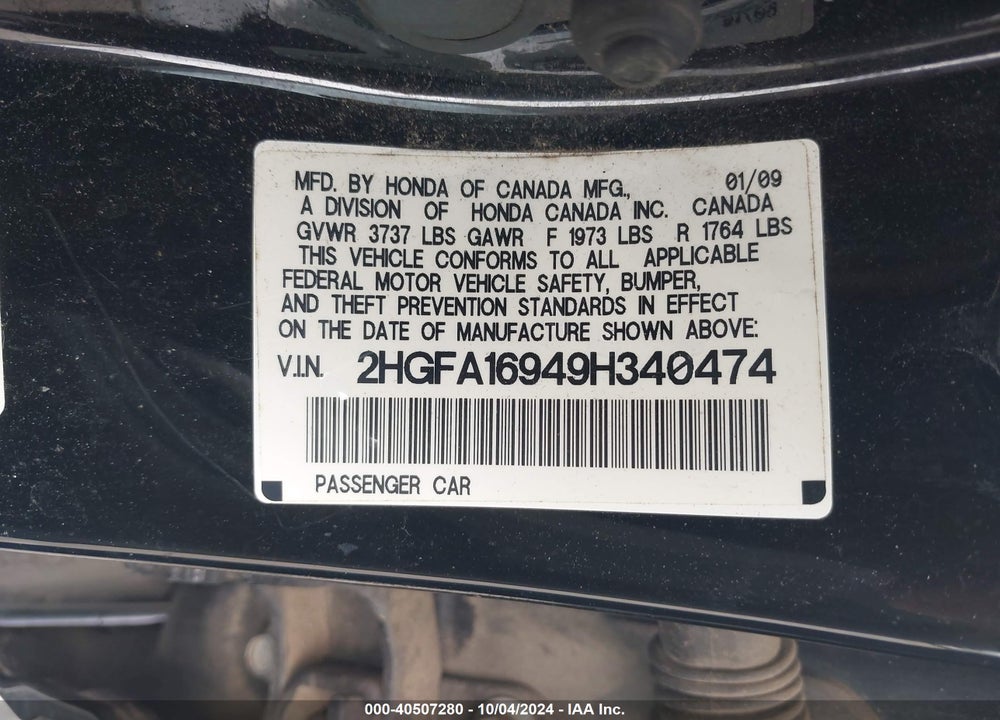 2009 HONDA CIVIC EX-L VIN: 2HGFA16949H340474