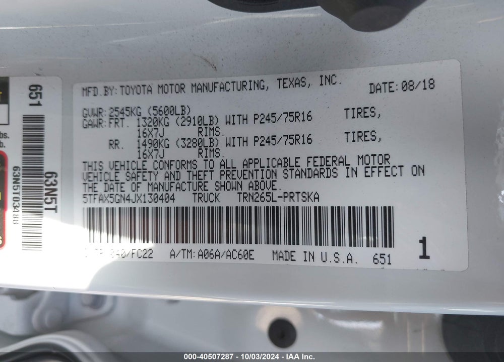 2018 TOYOTA TACOMA SR5 VIN: 5TFAX5GN4JX130404