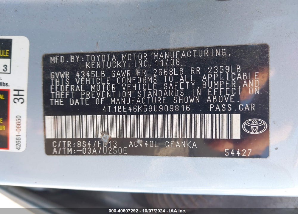 2009 TOYOTA CAMRY LE VIN: 4T1BE46K59U909816
