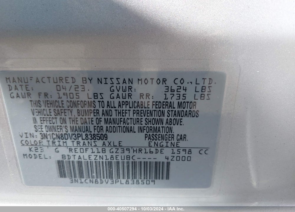 2023 NISSAN VERSA 1.6 S XTRONIC CVT VIN: 3N1CN8DV3PL838509
