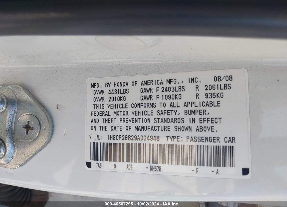 2009 HONDA ACCORD 2.4 EX-L VIN: 1HGCP26829A004948