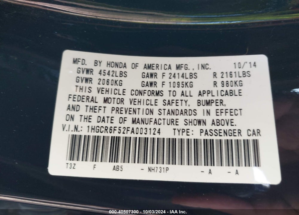 2015 HONDA ACCORD HYBRID EX-L VIN: 1HGCR6F52FA003124