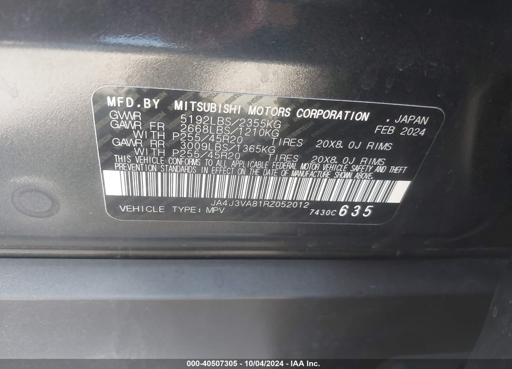 2024 MITSUBISHI OUTLANDER SE 2.5 2WD/SE BLACK EDITION S-AWC/SE BLACK EDITION W/PANO ROOF VIN: JA4J3VA81RZ052012