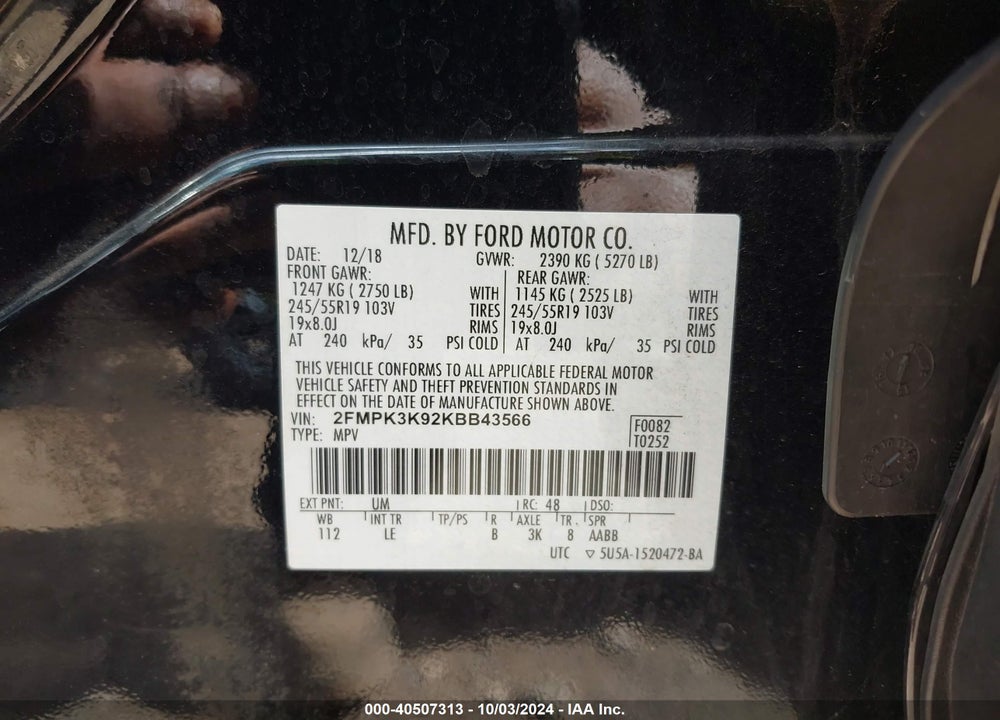 2019 FORD EDGE TITANIUM VIN: 2FMPK3K92KBB43566