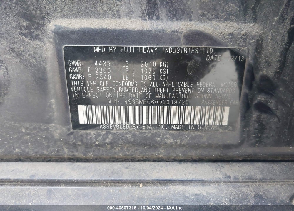 2013 SUBARU LEGACY 2.5I PREMIUM VIN: 4S3BMBC60D3039720