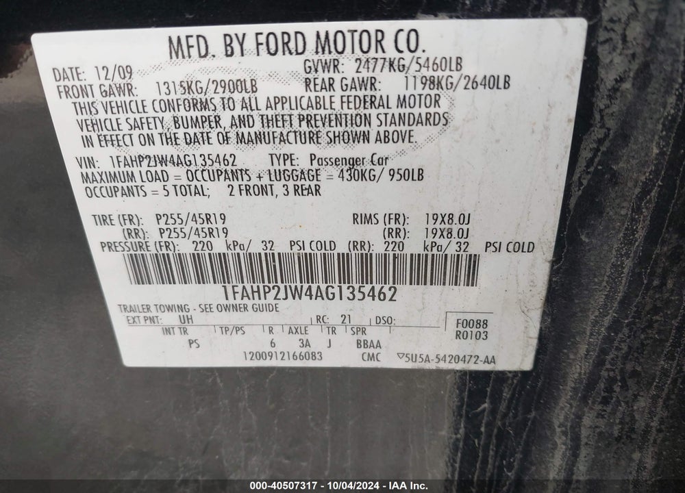 2010 FORD TAURUS LIMITED VIN: 1FAHP2JW4AG135462