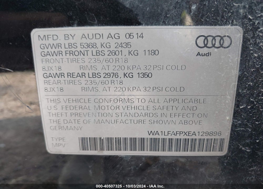 2014 AUDI Q5 2.0T PREMIUM VIN: WA1LFAFPXEA129896