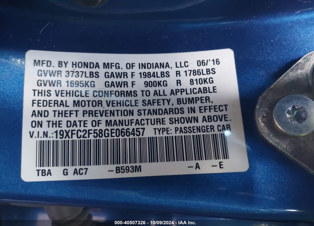2016 HONDA CIVIC LX VIN: 19XFC2F58GE066457