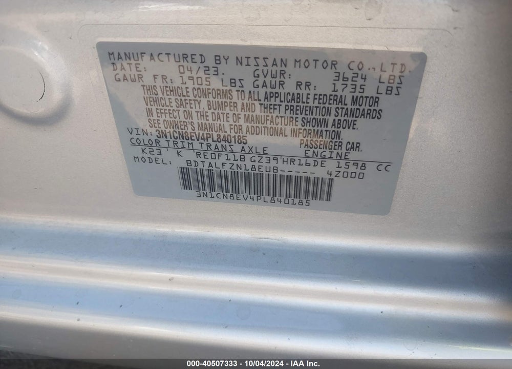 2023 NISSAN VERSA 1.6 SV XTRONIC CVT VIN: 3N1CN8EV4PL840185