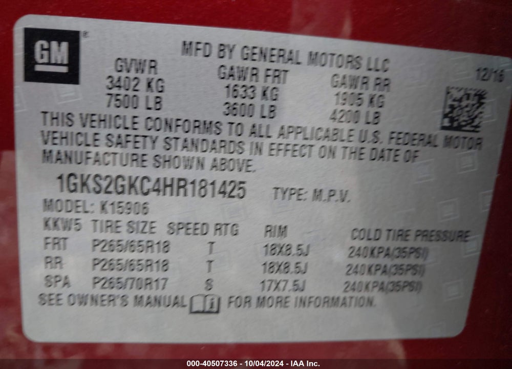 2017 GMC YUKON XL SLT VIN: 1GKS2GKC4HR181425