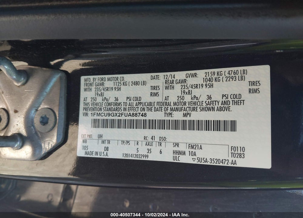 2015 FORD ESCAPE SE VIN: 1FMCU9GX2FUA88748