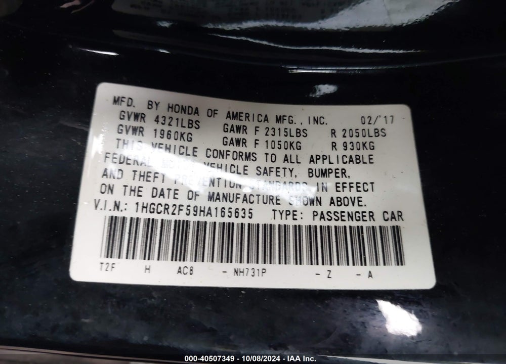 2017 HONDA ACCORD SPORT VIN: 1HGCR2F59HA165635