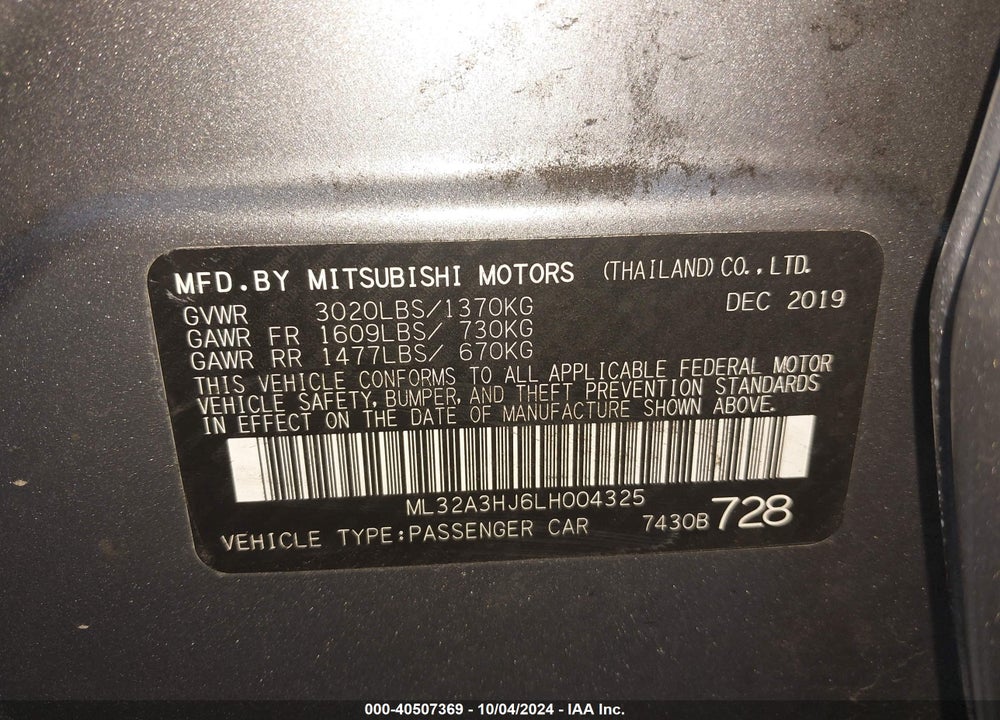 2020 MITSUBISHI MIRAGE ES/SE VIN: ML32A3HJ6LH004325
