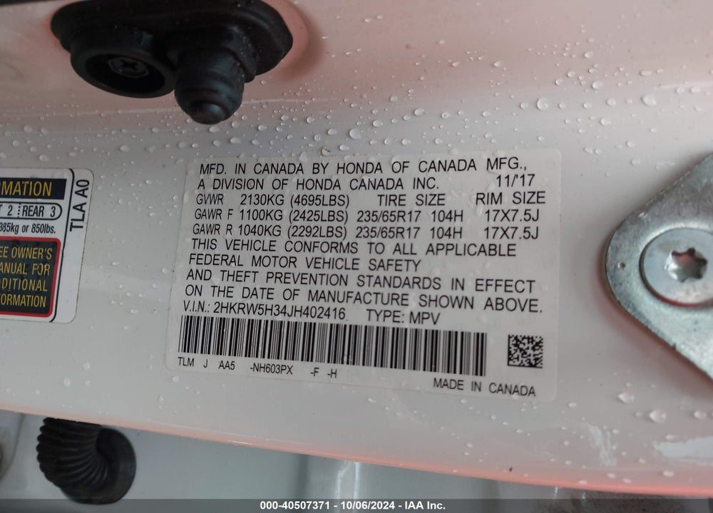 2018 HONDA CR-V LX VIN: 2HKRW5H34JH402416