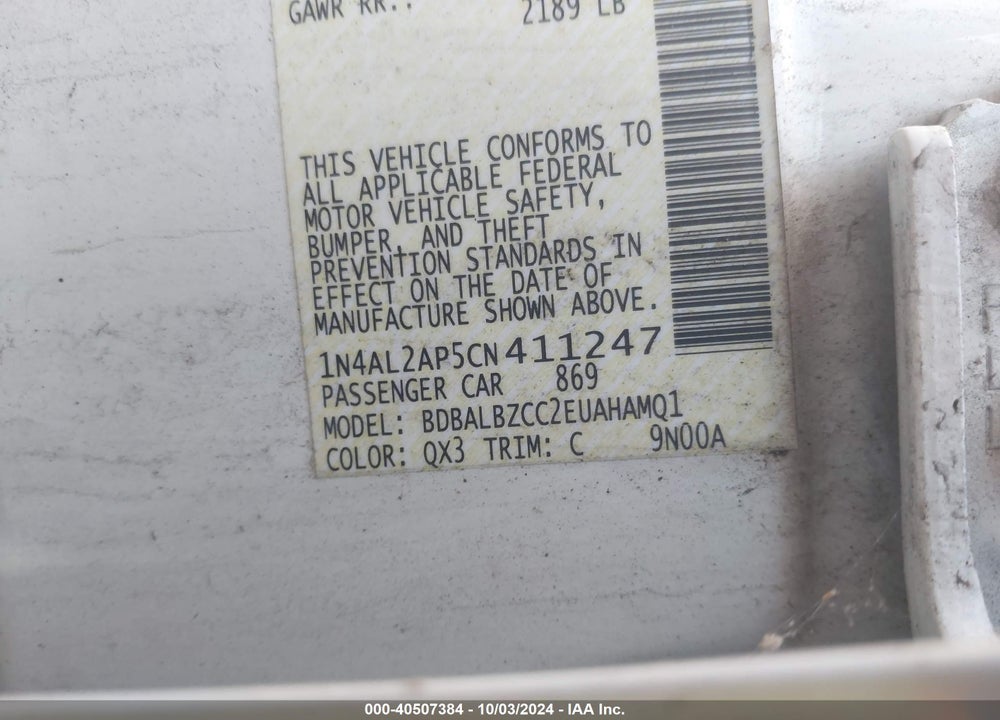 2012 NISSAN ALTIMA 2.5 S VIN: 1N4AL2AP5CN411247