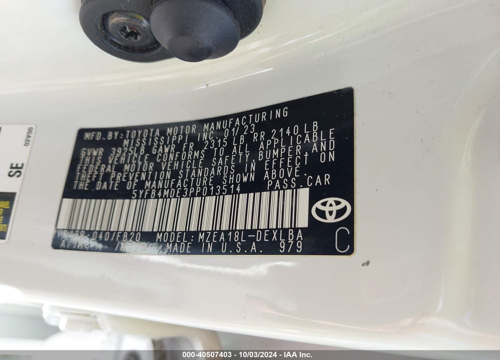2023 TOYOTA COROLLA LE VIN: 5YFB4MDE3PP013514
