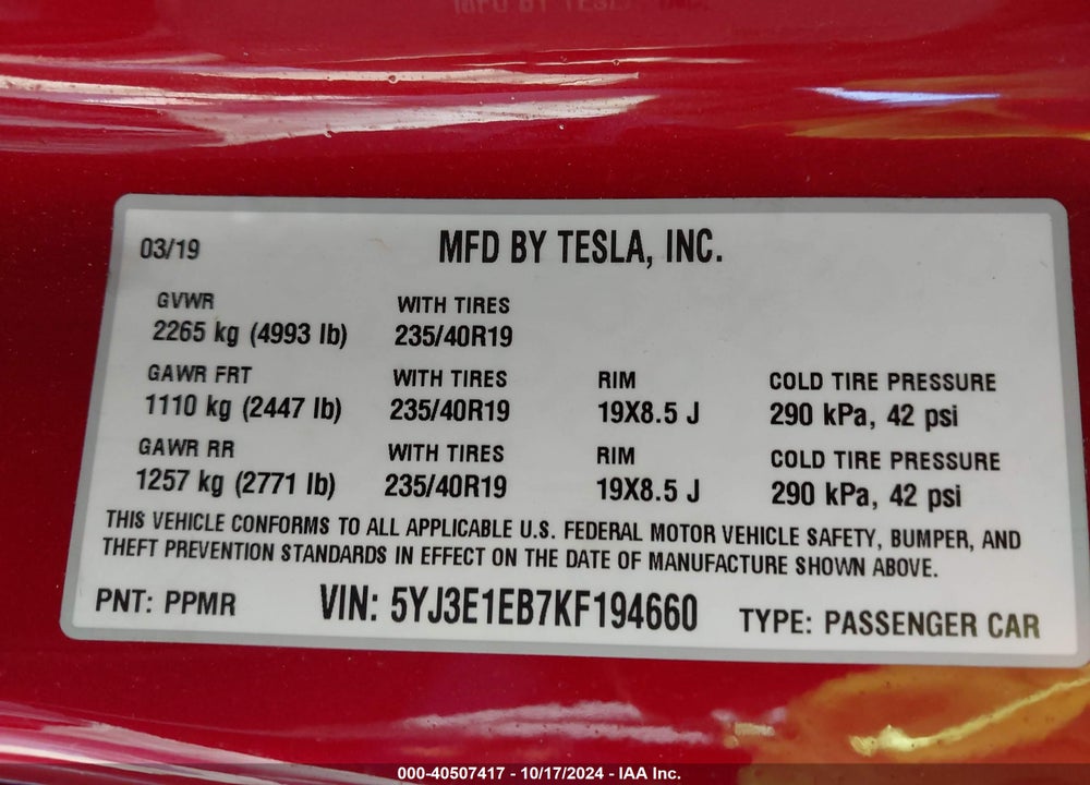 2019 TESLA MODEL 3 LONG RANGE/PERFORMANCE VIN: 5YJ3E1EB7KF194660