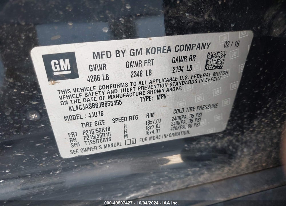 2018 BUICK ENCORE PREFERRED VIN: KL4CJASB6JB655455