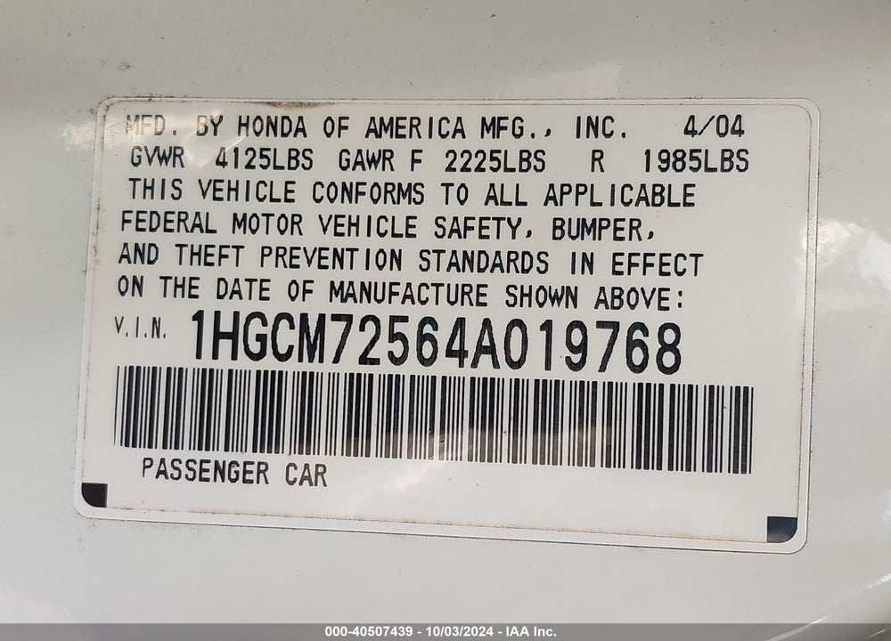 2004 HONDA ACCORD 2.4 EX VIN: 1HGCM72564A019768
