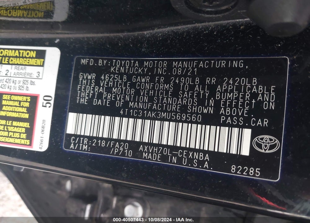 2021 TOYOTA CAMRY LE HYBRID VIN: 4T1C31AK3MU569560