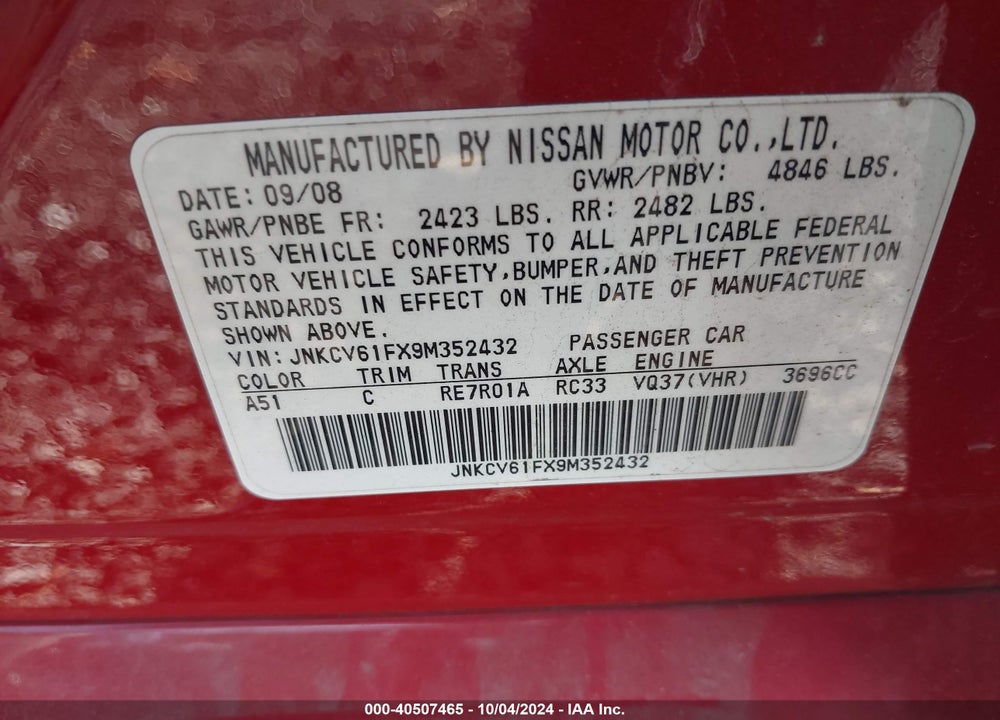 2009 INFINITI G37X VIN: JNKCV61FX9M352432