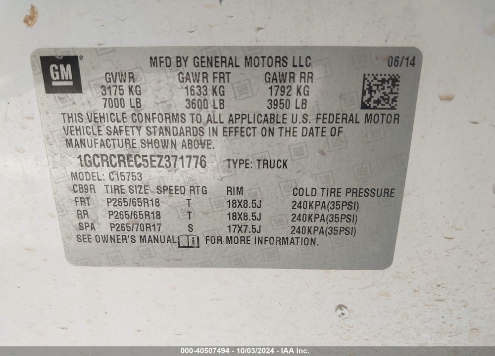2014 CHEVROLET SILVERADO 1500 1LT VIN: 1GCRCREC5EZ371776