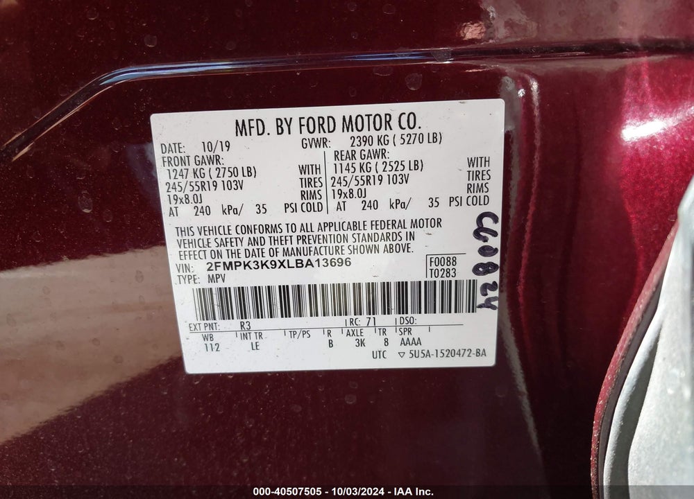 2020 FORD EDGE TITANIUM VIN: 2FMPK3K9XLBA13696