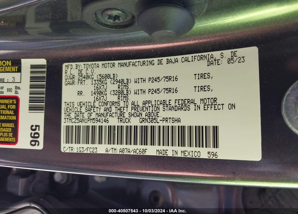 2023 TOYOTA TACOMA SR5 V6 VIN: 3TMCZ5AN1PM594146