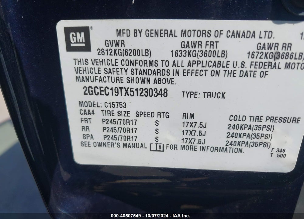 2005 CHEVROLET SILVERADO 1500 LS VIN: 2GCEC19TX51230348