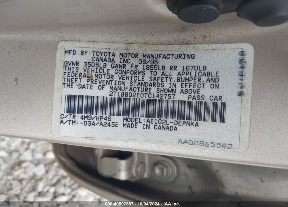 1996 TOYOTA COROLLA DX VIN: 2T1BB02E0TC142757