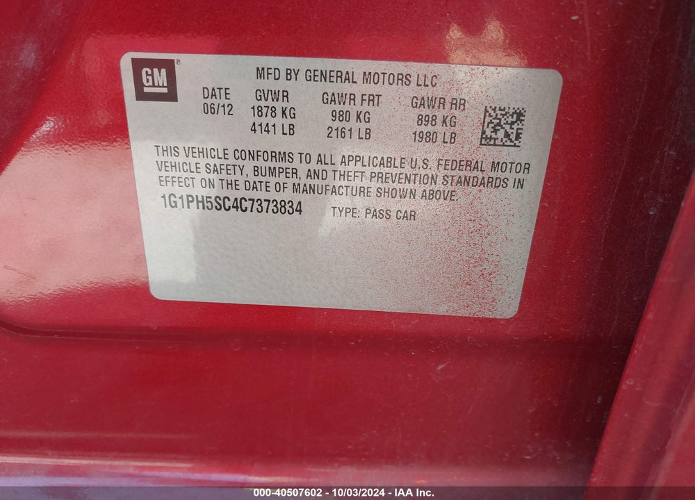 2012 CHEVROLET CRUZE LTZ VIN: 1G1PH5SC4C7373834