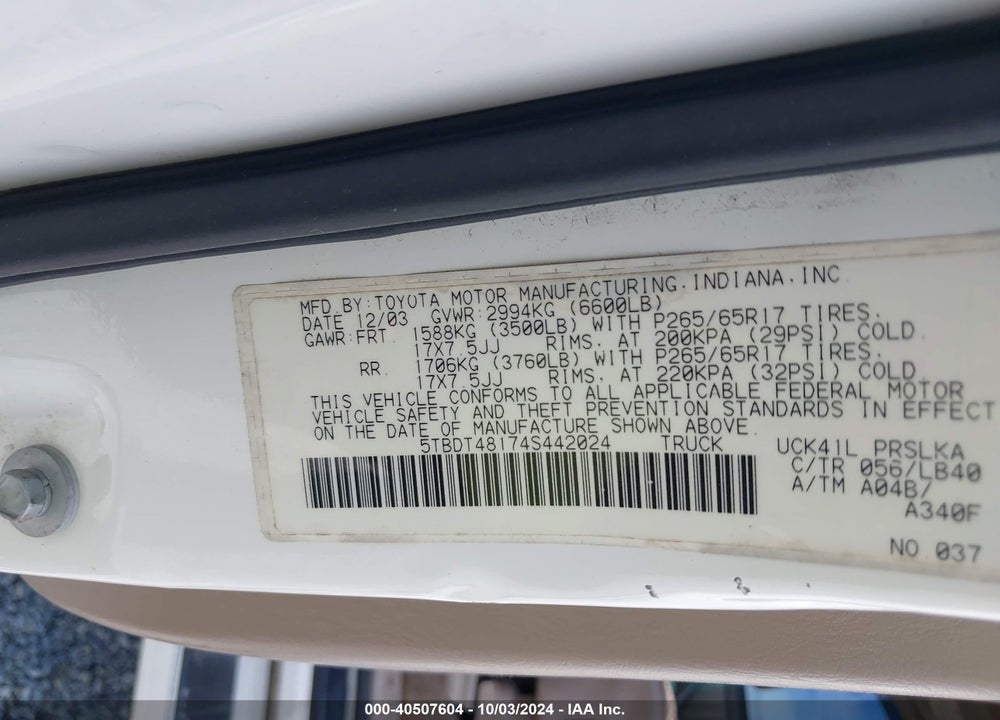 2004 TOYOTA TUNDRA LIMITED V8 VIN: 5TBDT48174S442024