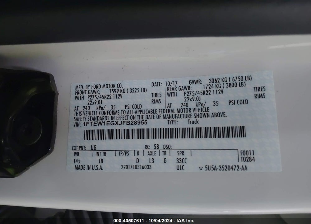 2018 FORD F-150 LIMITED VIN: 1FTEW1EGXJFB28955