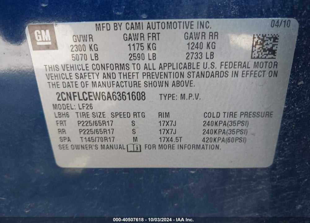 2010 CHEVROLET EQUINOX LS VIN: 2CNFLCEW6A6361608