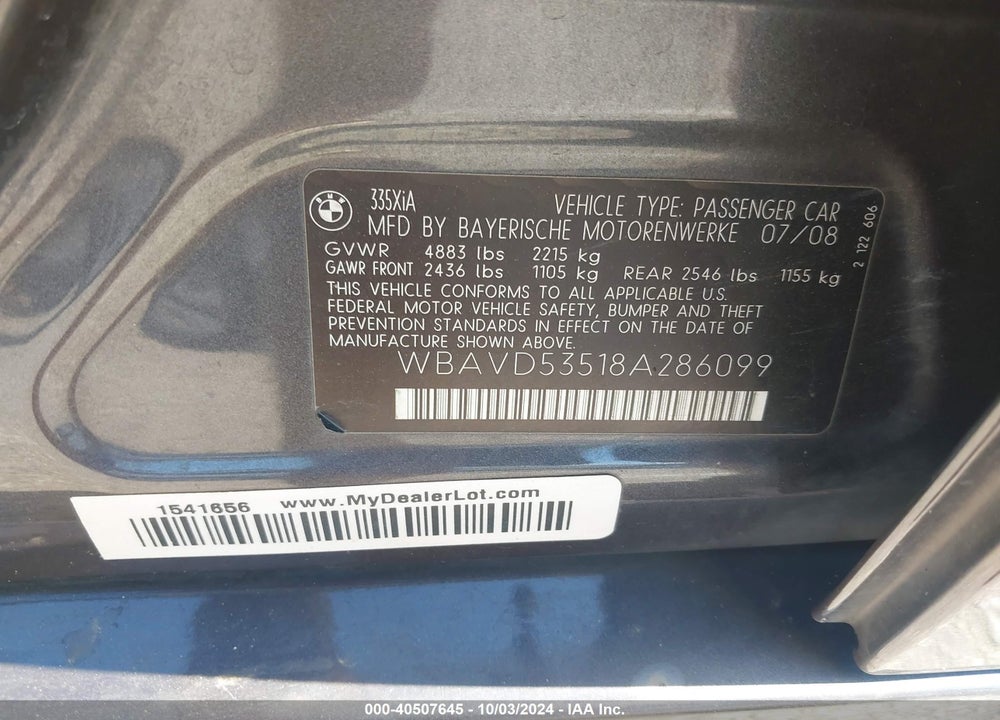 2008 BMW 335XI VIN: WBAVD53518A286099