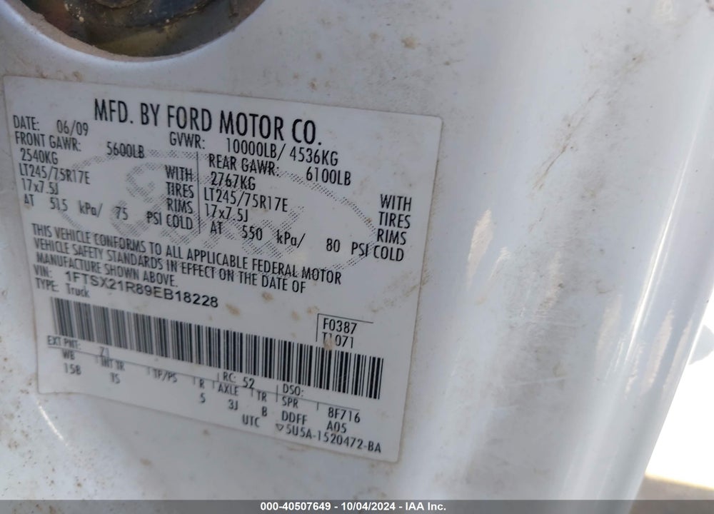 2009 FORD F-250 FX4/LARIAT/XL/XLT VIN: 1FTSX21R89EB18228