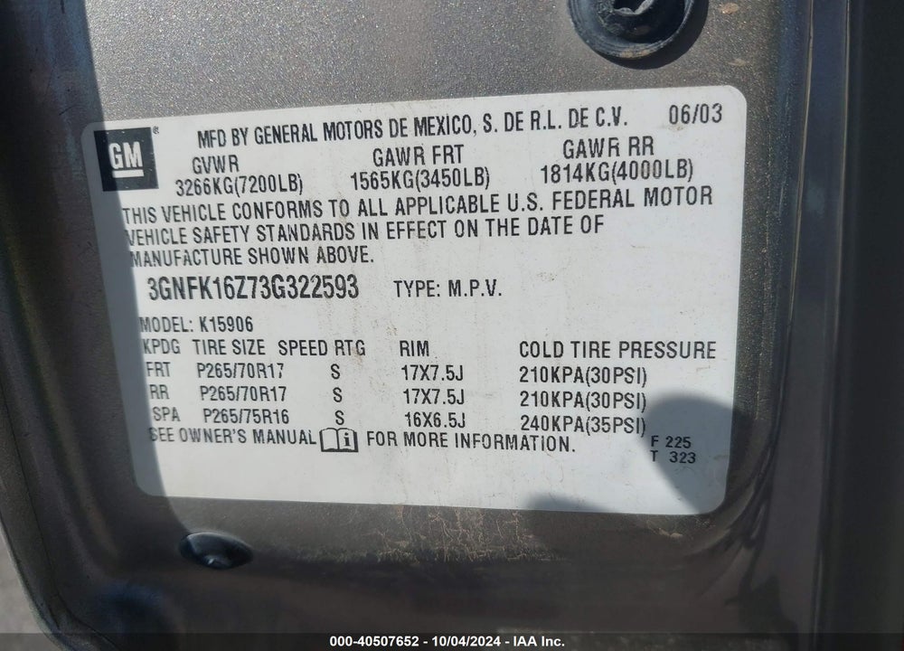 2003 CHEVROLET SUBURBAN 1500 Z71 VIN: 3GNFK16Z73G322593