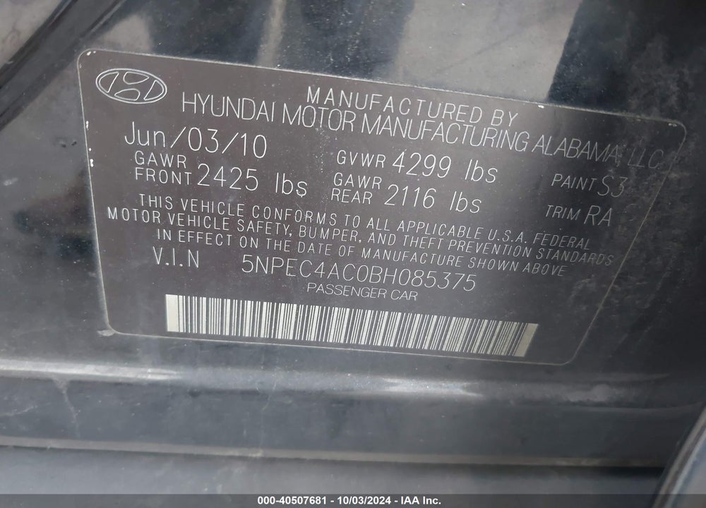 2011 HYUNDAI SONATA LIMITED VIN: 5NPEC4AC0BH085375