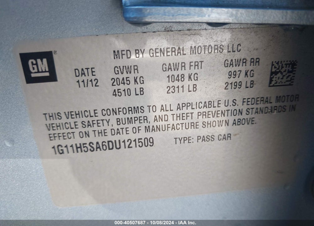 2013 CHEVROLET MALIBU 1LZ VIN: 1G11H5SA6DU121509